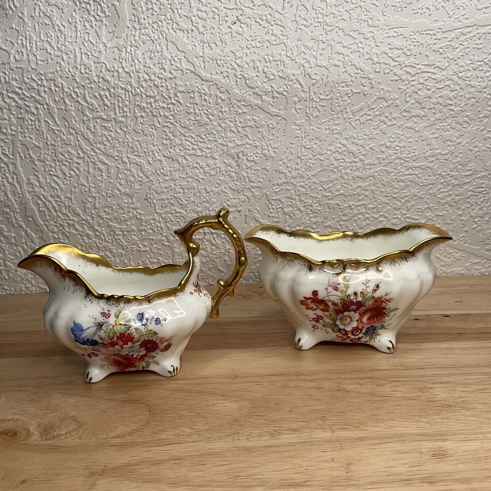 VTG Hammersley Lady Patricia Gold Signed FHoward Creamer Milk Jug Sugar Bowl Set